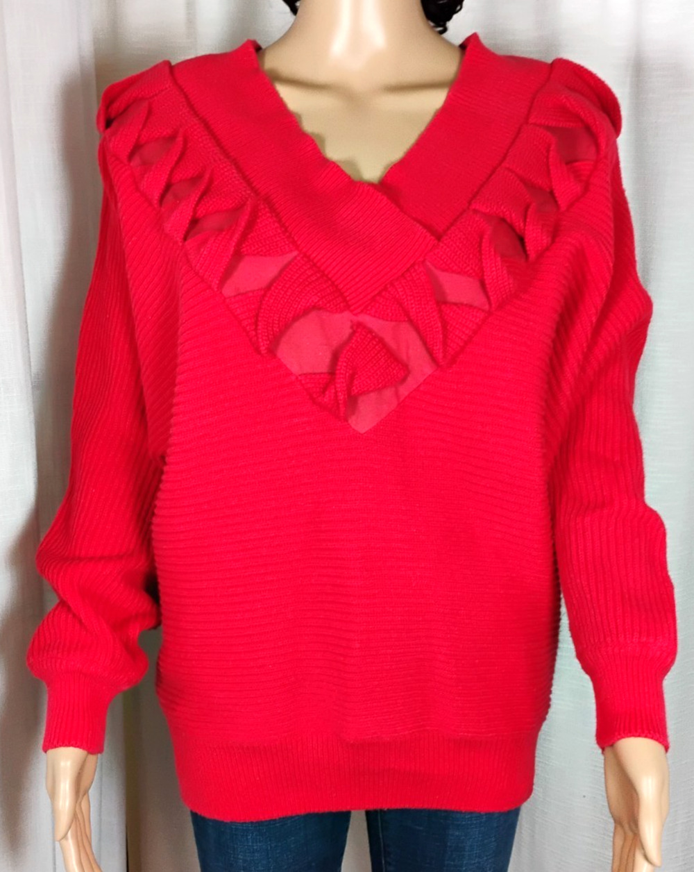 VTG 80s Ruffle V Neck Tomato Red Sweater Tunic Blouson Dolman Shoulder Pads Lg